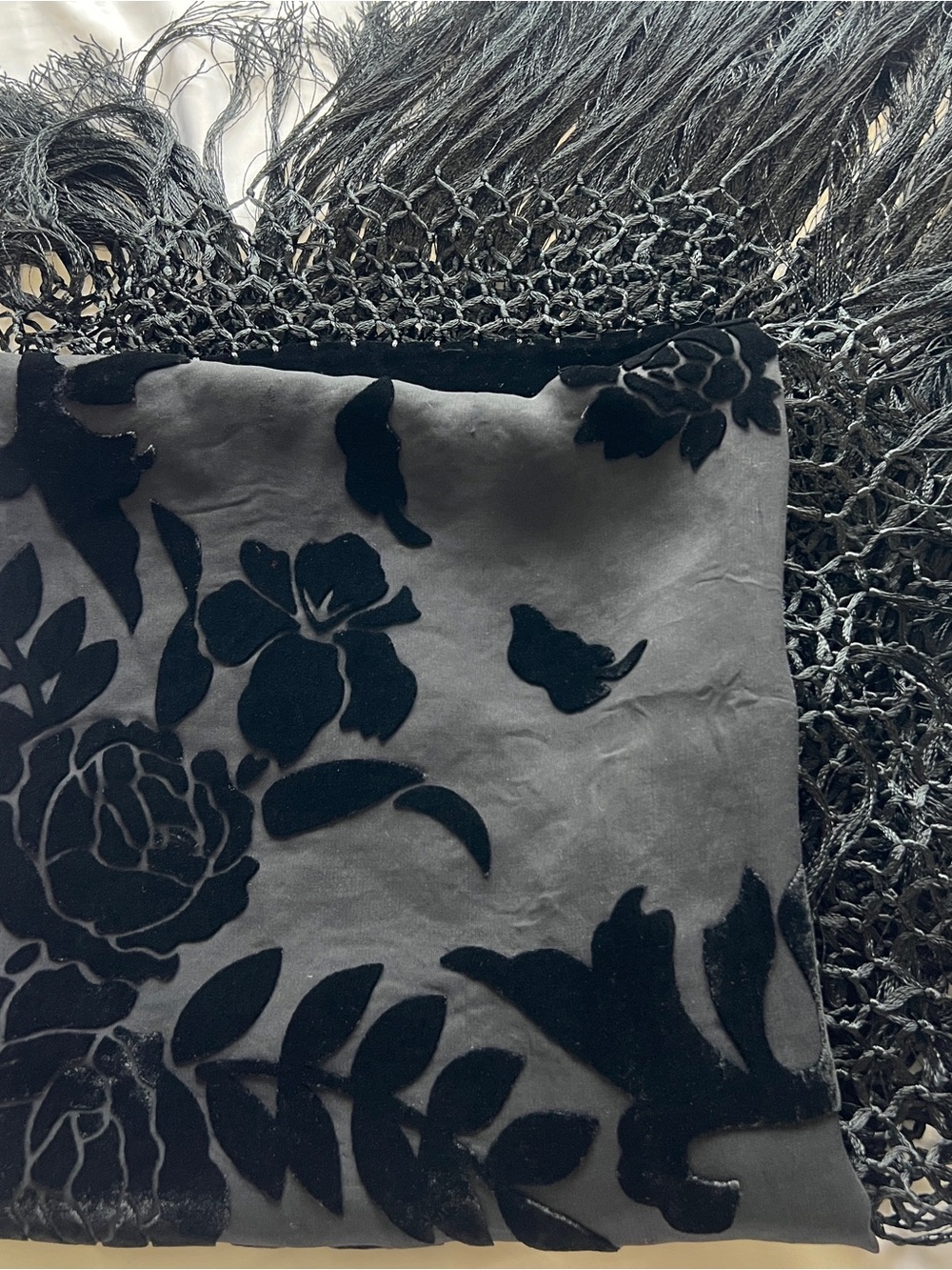 XXIST Black Burnout Velvet Rose Floral Fringe Shawl Wrap 42”